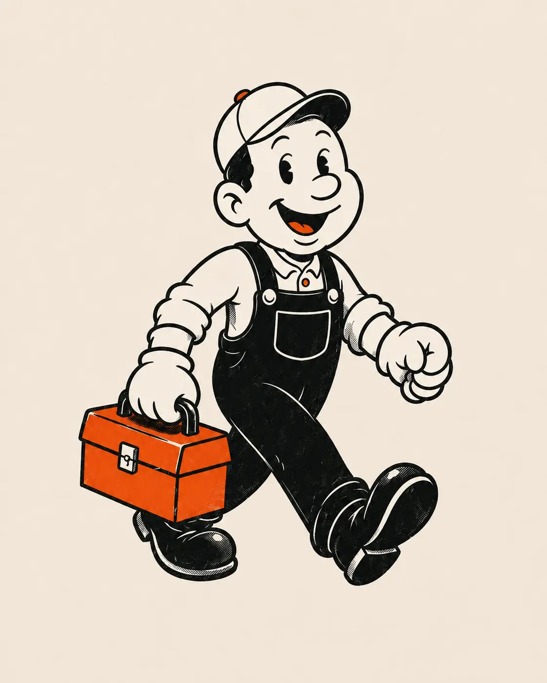 HANDY. mascot walking in with an orange toolbox