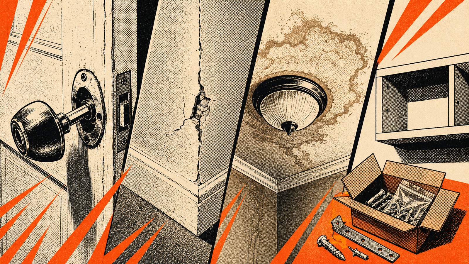 Four connected household problems: a loose door handle, damaged drywall, a ceiling water stain, and a shelf waiting to be installed